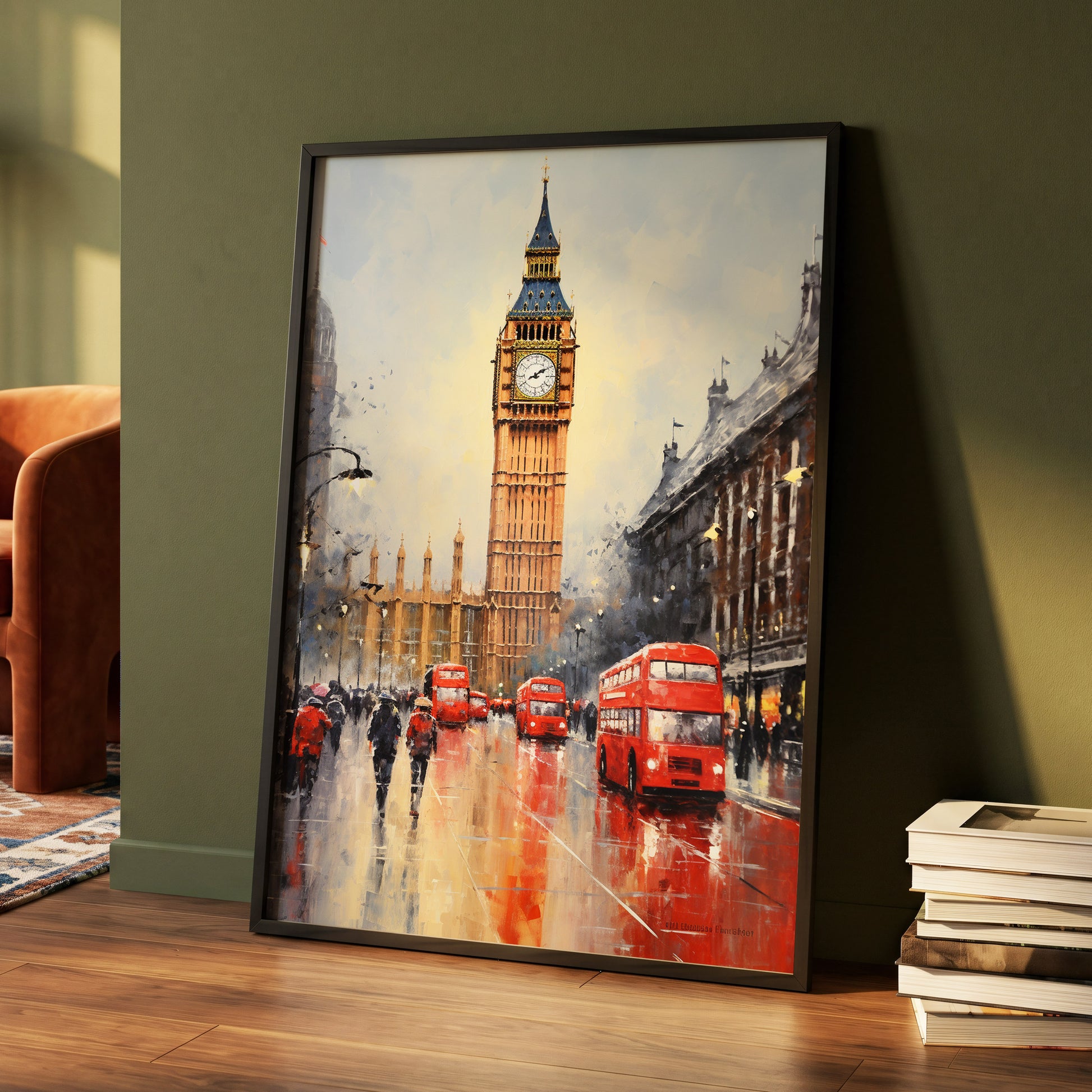Buses Beneath Big Ben, gray, red, beige abstract wall art displayed in a styled interior, gallery view 4