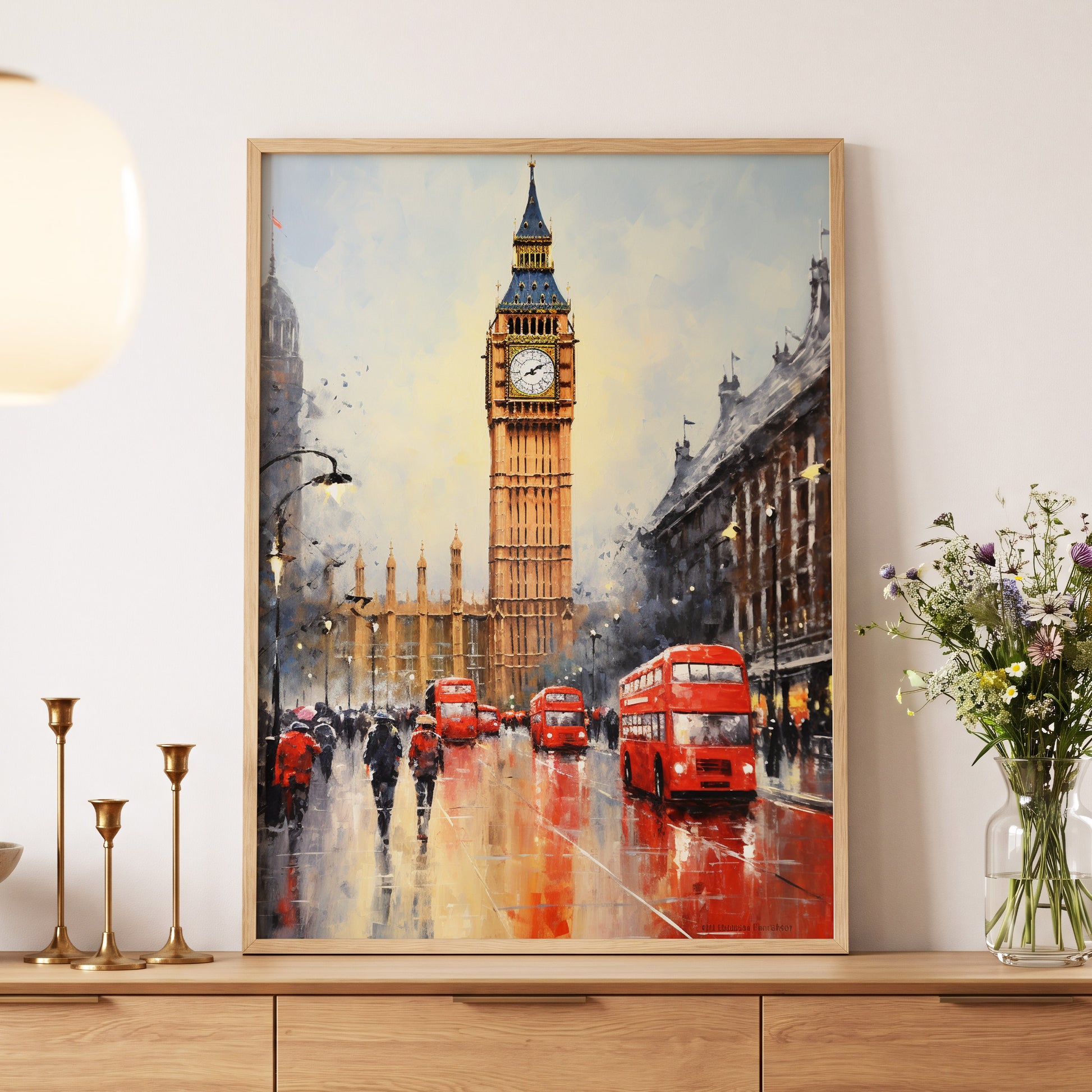 Buses Beneath Big Ben, gray, red, beige abstract wall art displayed in a styled interior, gallery view 5