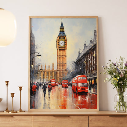 Buses Beneath Big Ben, gray, red, beige abstract wall art displayed in a styled interior, gallery view 5