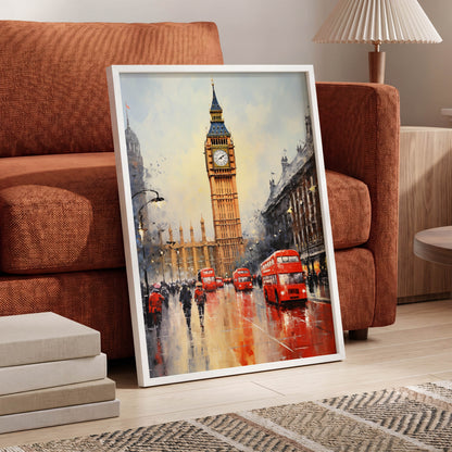 Buses Beneath Big Ben, gray, red, beige abstract wall art displayed in a styled interior, gallery view 6