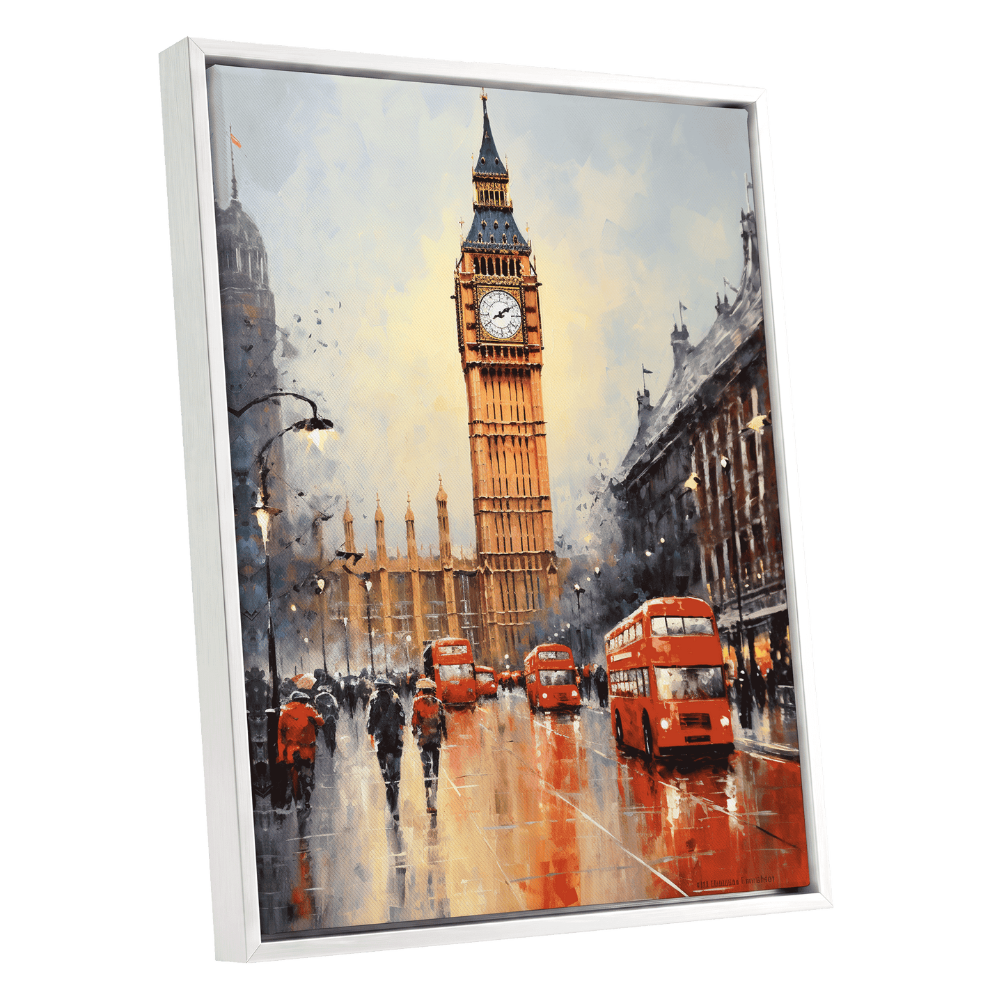 Buses Beneath Big Ben, gray, red, beige abstract wall art shown as a white framed canvas wall art
