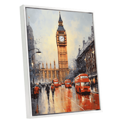Buses Beneath Big Ben, gray, red, beige abstract wall art shown as a white framed canvas wall art