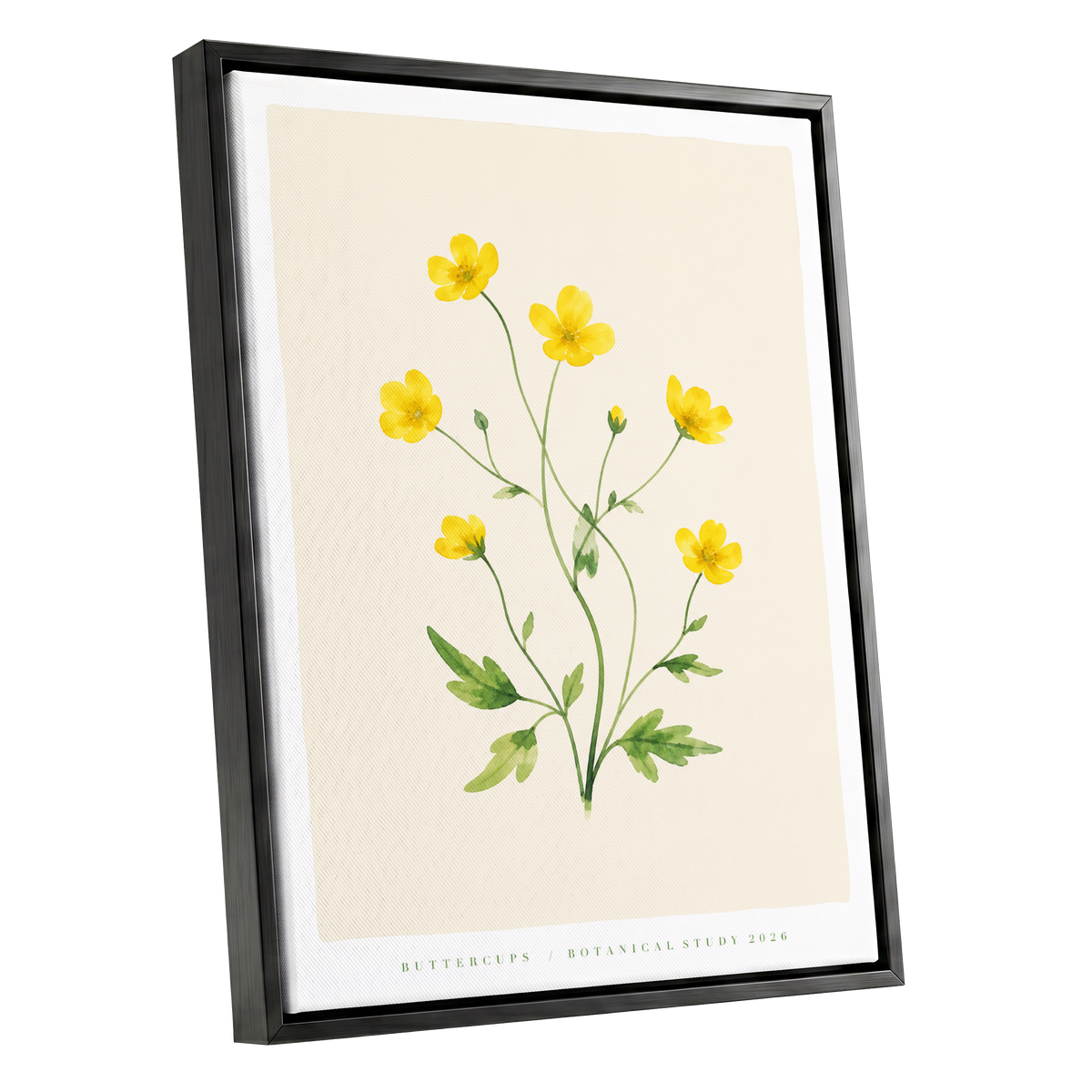 Buttercup Stillness, yellow, green, beige floral wall art shown as a black framed canvas wall art