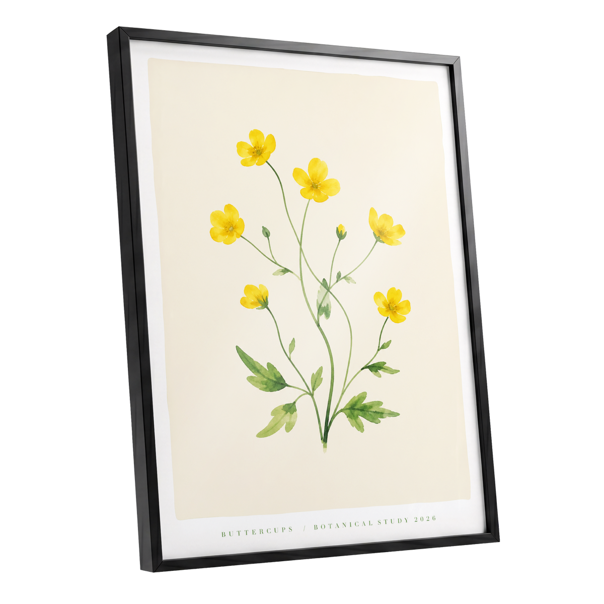 Buttercup Stillness, yellow, green, beige floral wall art shown as a black framed poster wall art print
