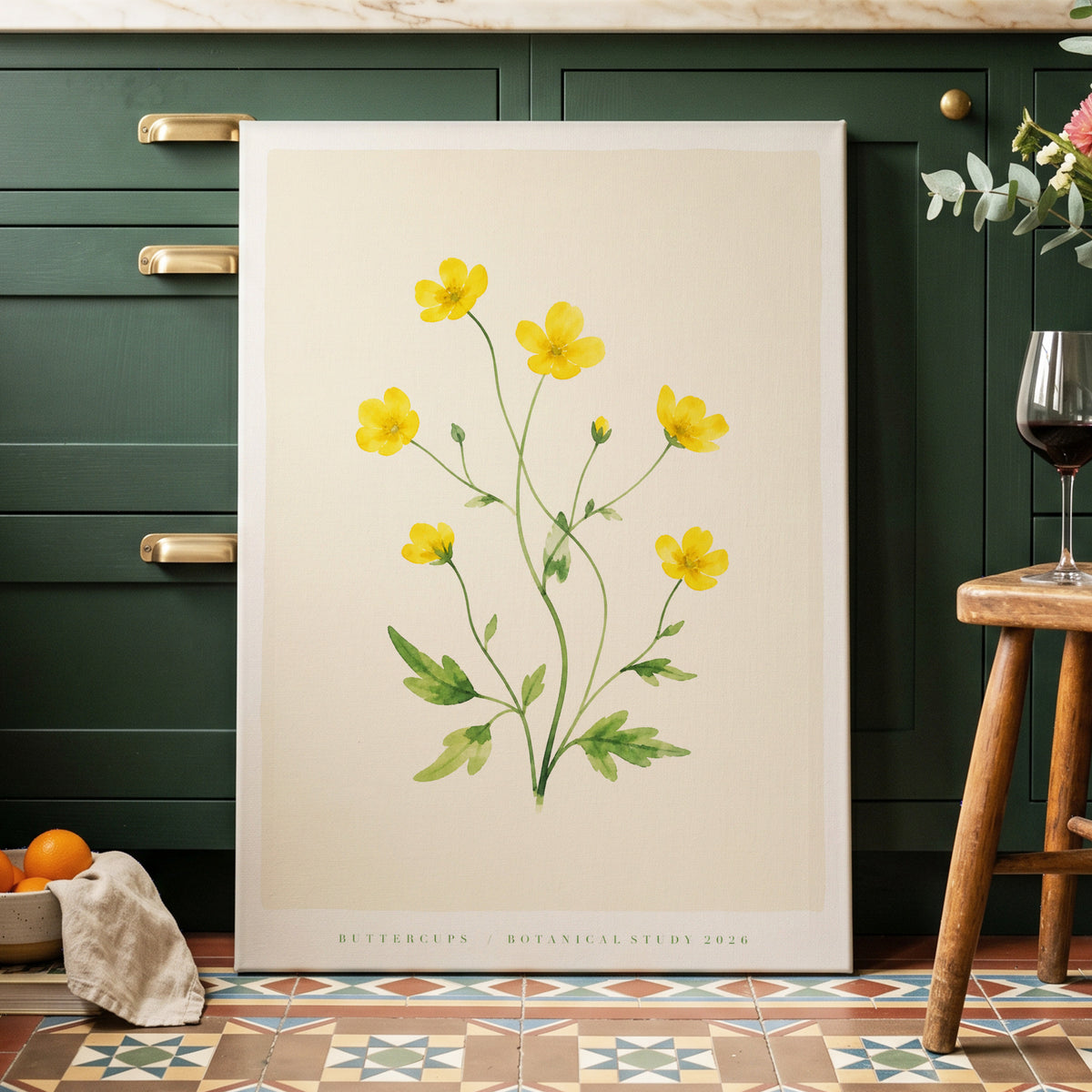 Buttercup Stillness, yellow, green, beige floral wall art on canvas displayed in a styled interior, gallery view 1