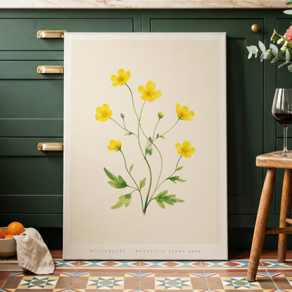 Buttercup Stillness, yellow, green, beige floral wall art on canvas displayed in a styled interior, gallery view 1