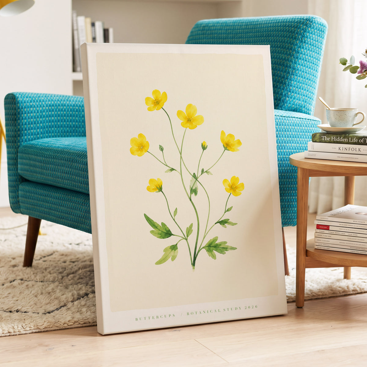 Buttercup Stillness, yellow, green, beige floral wall art on canvas displayed in a styled interior, gallery view 2
