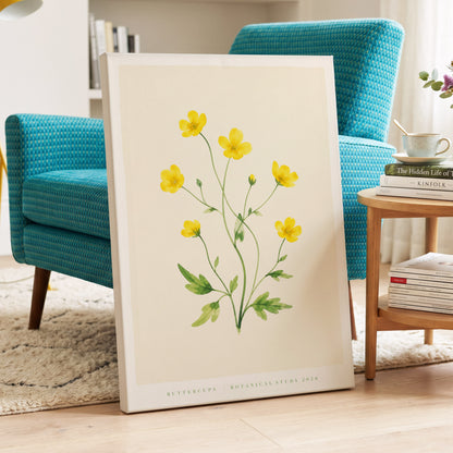 Buttercup Stillness, yellow, green, beige floral wall art on canvas displayed in a styled interior, gallery view 2