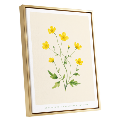 Buttercup Stillness, yellow, green, beige floral wall art shown as a gold framed canvas wall art