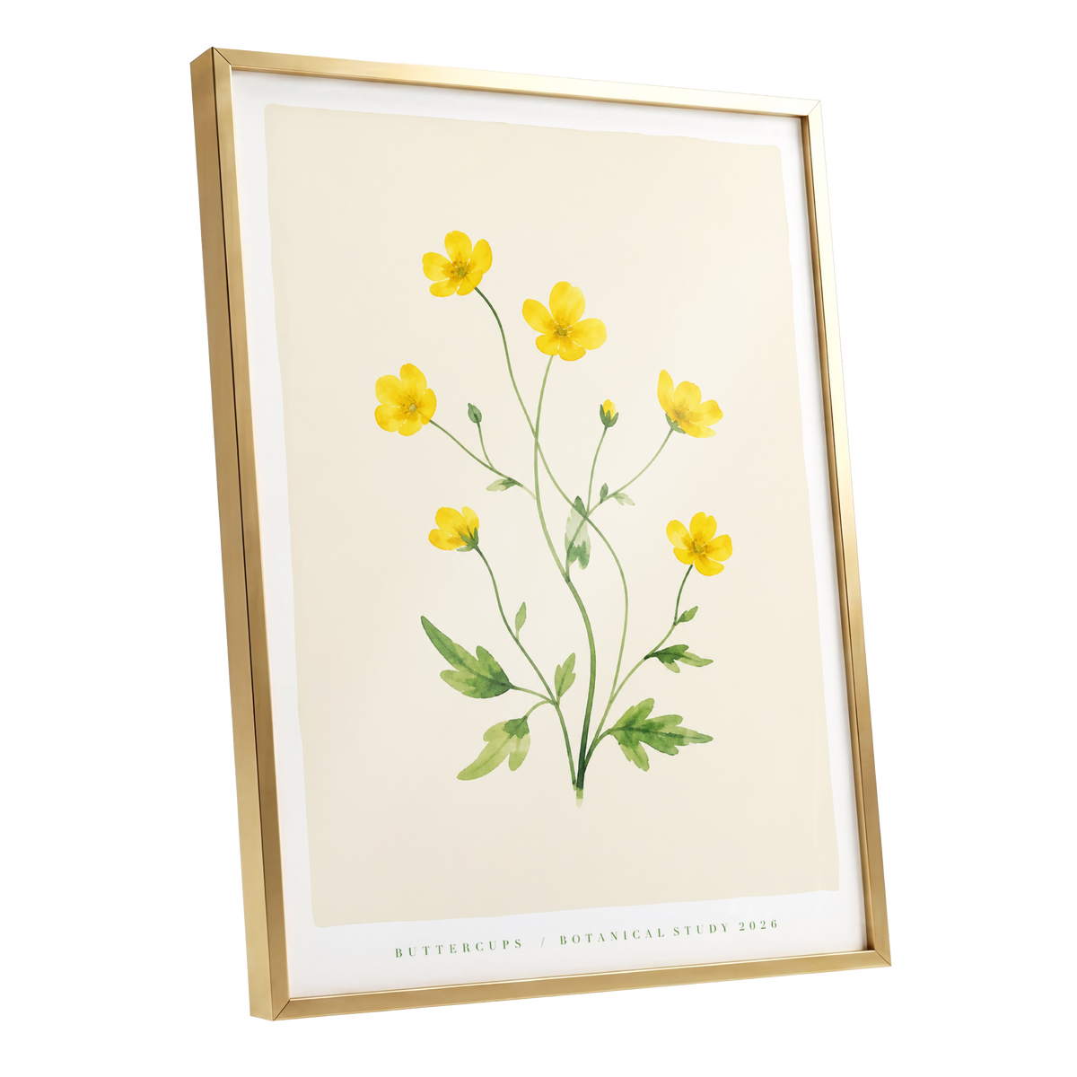 Buttercup Stillness, yellow, green, beige floral wall art shown as a gold framed poster wall art print