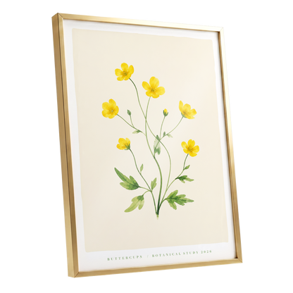 Buttercup Stillness, yellow, green, beige floral wall art shown as a gold framed poster wall art print