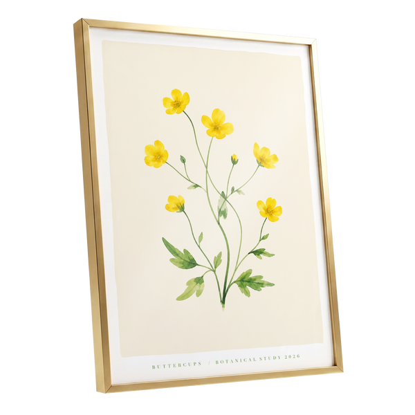 Buttercup Stillness, yellow, green, beige floral wall art shown as a gold framed poster wall art print