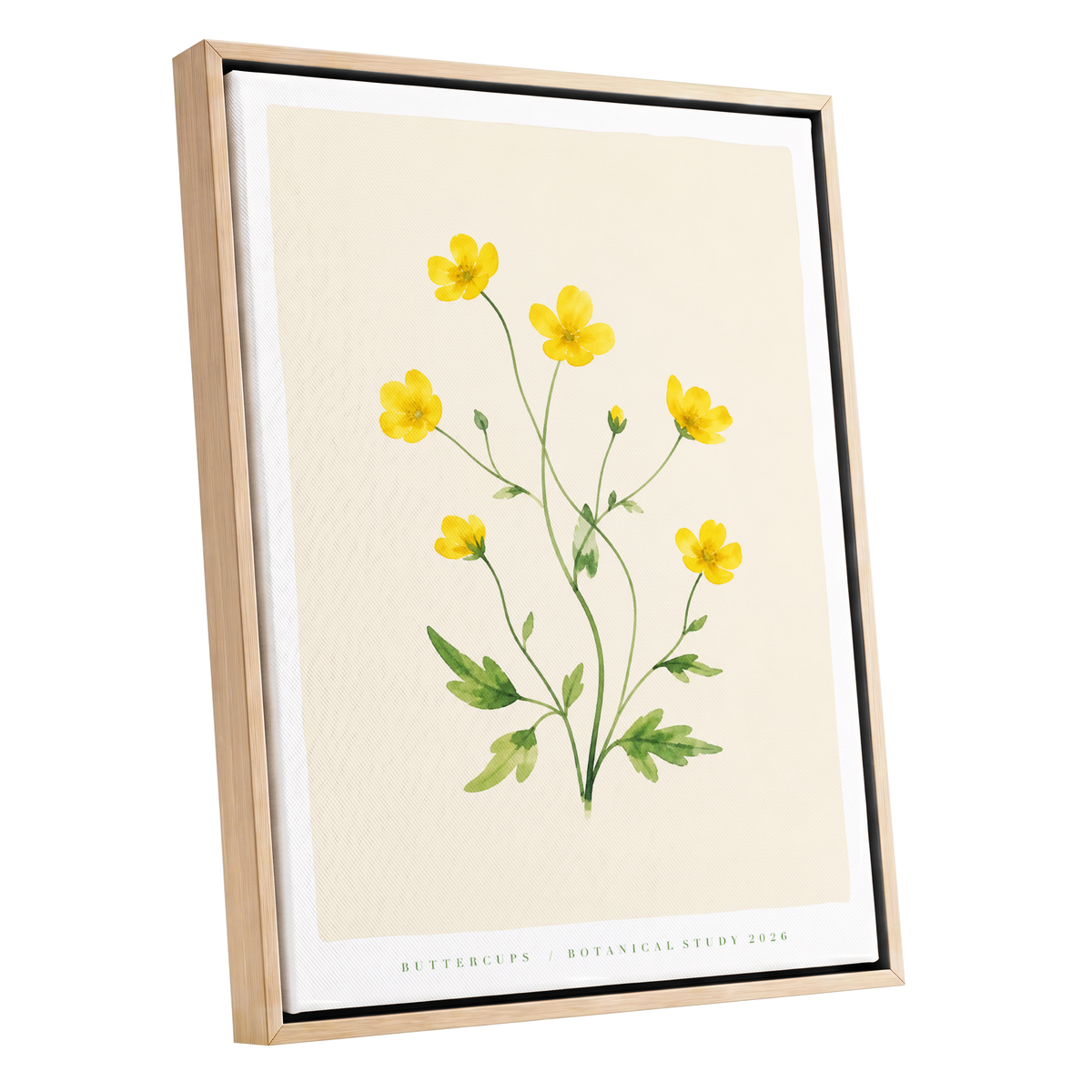 Buttercup Stillness, yellow, green, beige floral wall art shown as a oak framed canvas wall art