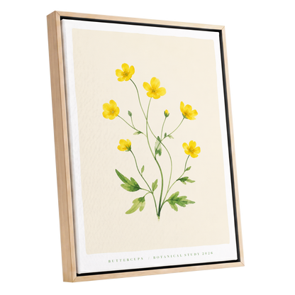 Buttercup Stillness, yellow, green, beige floral wall art shown as a oak framed canvas wall art