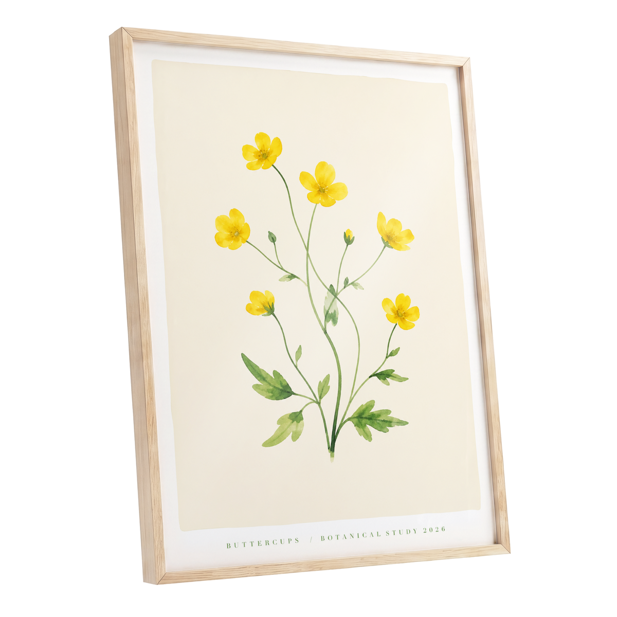 Buttercup Stillness, yellow, green, beige floral wall art shown as a oak framed poster wall art print