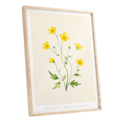 Buttercup Stillness, yellow, green, beige floral wall art shown as a oak framed poster wall art print