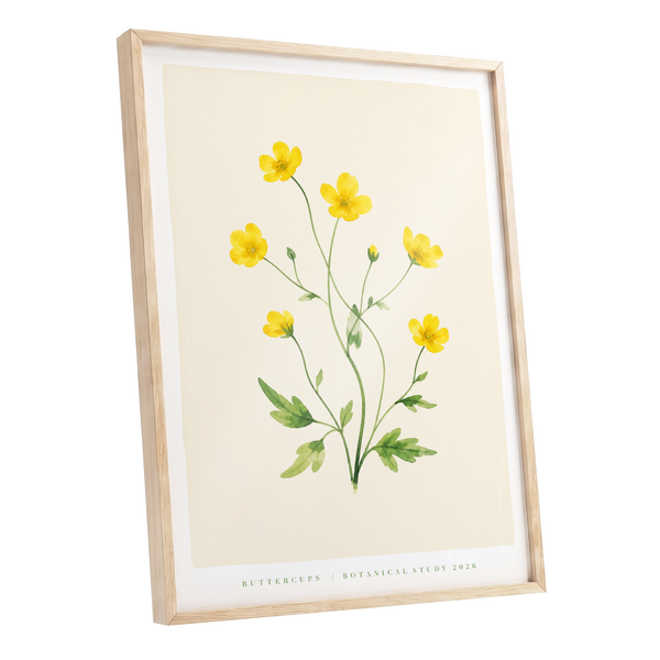 Buttercup Stillness, yellow, green, beige floral wall art shown as a oak framed poster wall art print