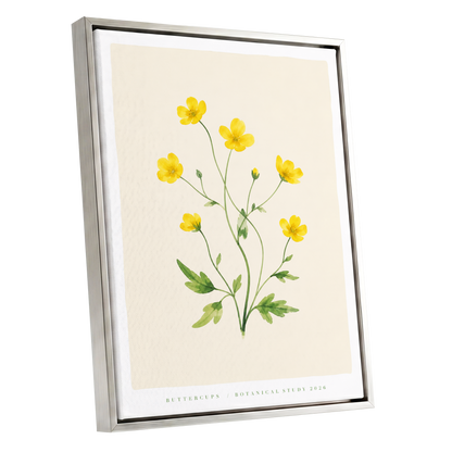 Buttercup Stillness, yellow, green, beige floral wall art shown as a silver framed canvas wall art