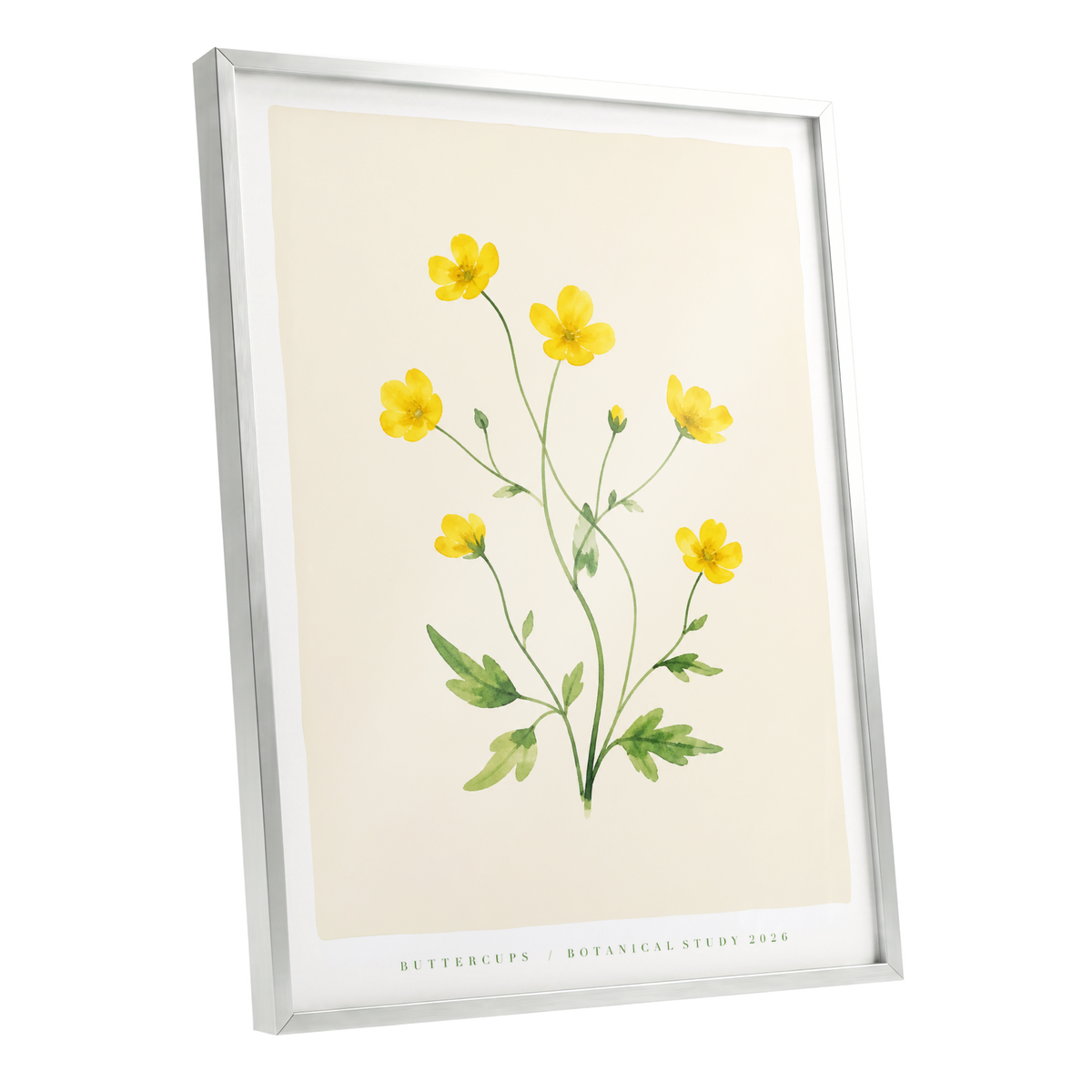 Buttercup Stillness, yellow, green, beige floral wall art shown as a silver framed poster wall art print