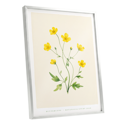 Buttercup Stillness, yellow, green, beige floral wall art shown as a silver framed poster wall art print