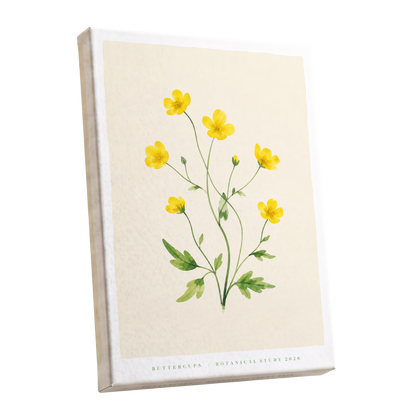 Buttercup Stillness, yellow, green, beige floral wall art shown as a stretched canvas wall art