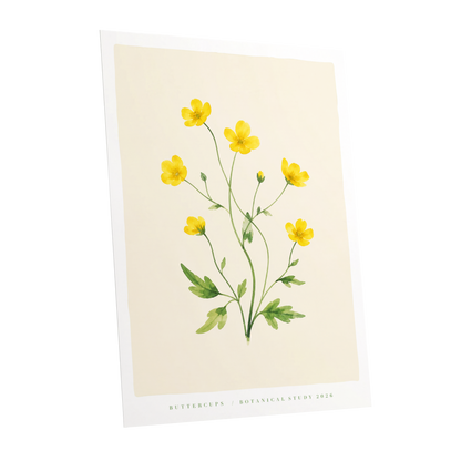 Buttercup Stillness, yellow, green, beige floral wall art shown as a unframed poster wall art print