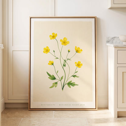 Buttercup Stillness, yellow, green, beige floral wall art displayed in a styled interior, gallery view 1