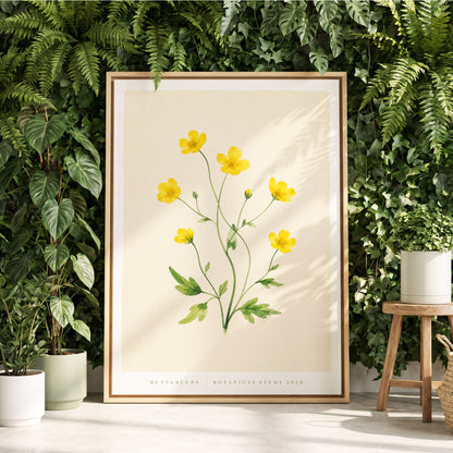 Buttercup Stillness, yellow, green, beige floral wall art displayed in a styled interior, gallery view 2