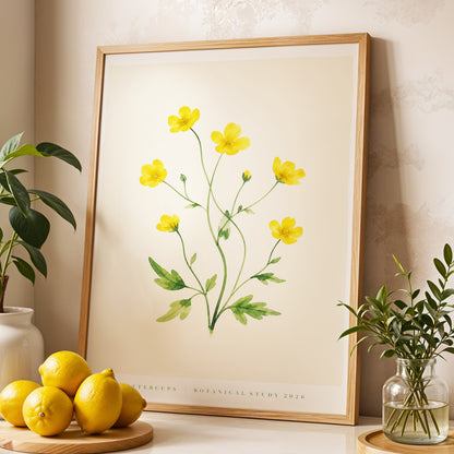 Buttercup Stillness, yellow, green, beige floral wall art displayed in a styled interior, gallery view 3