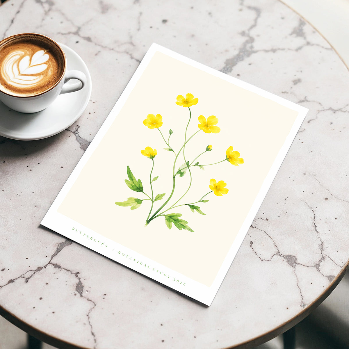 Buttercup Stillness, yellow, green, beige floral wall art displayed in a styled interior, gallery view 4