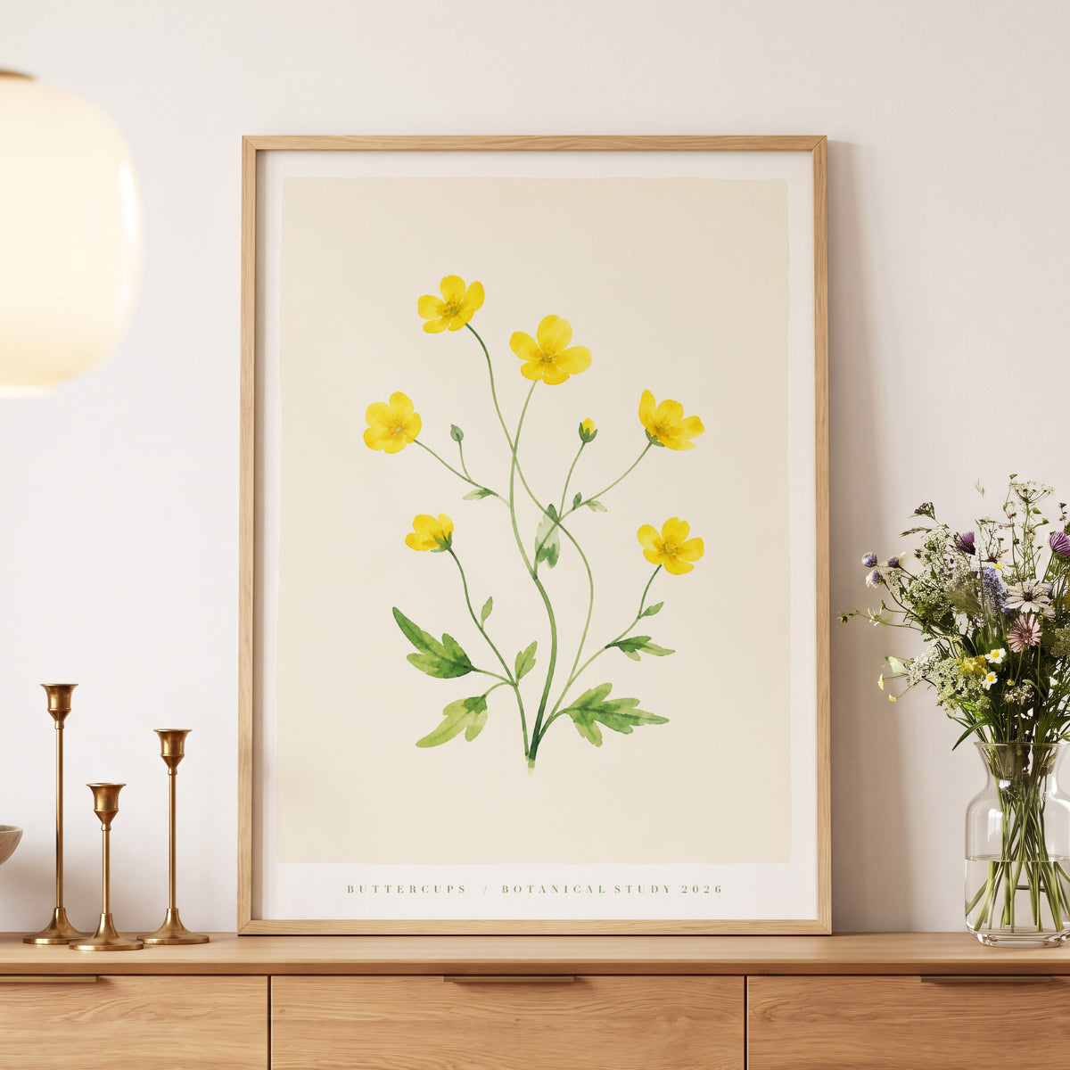 Buttercup Stillness, yellow, green, beige floral wall art displayed in a styled interior, gallery view 5