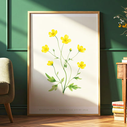 Buttercup Stillness, yellow, green, beige floral wall art displayed in a styled interior, gallery view 6