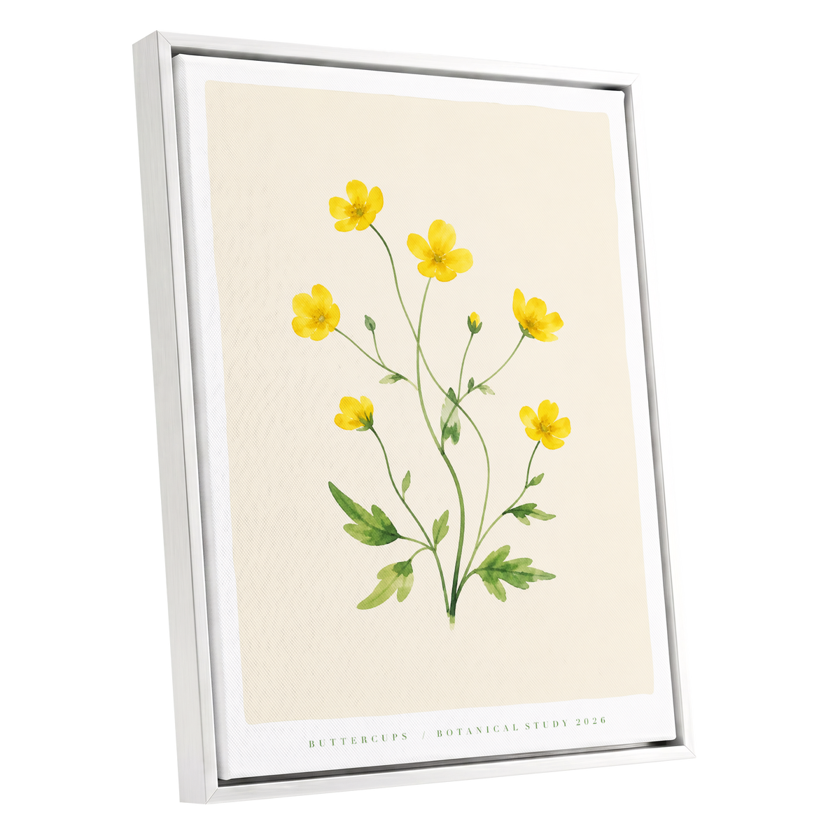Buttercup Stillness, yellow, green, beige floral wall art shown as a white framed canvas wall art