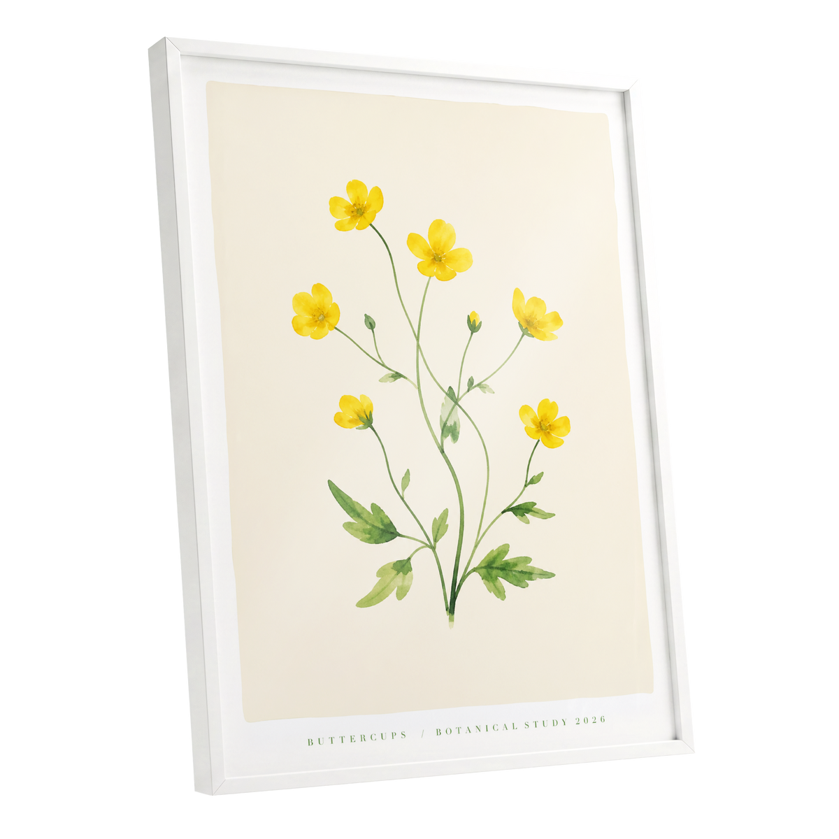 Buttercup Stillness, yellow, green, beige floral wall art shown as a white framed poster wall art print
