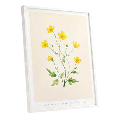 Buttercup Stillness, yellow, green, beige floral wall art shown as a white framed poster wall art print