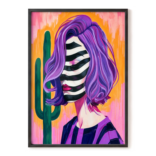 Cactus Masquerade, purple, orange, pink abstract wall art, front artwork view
