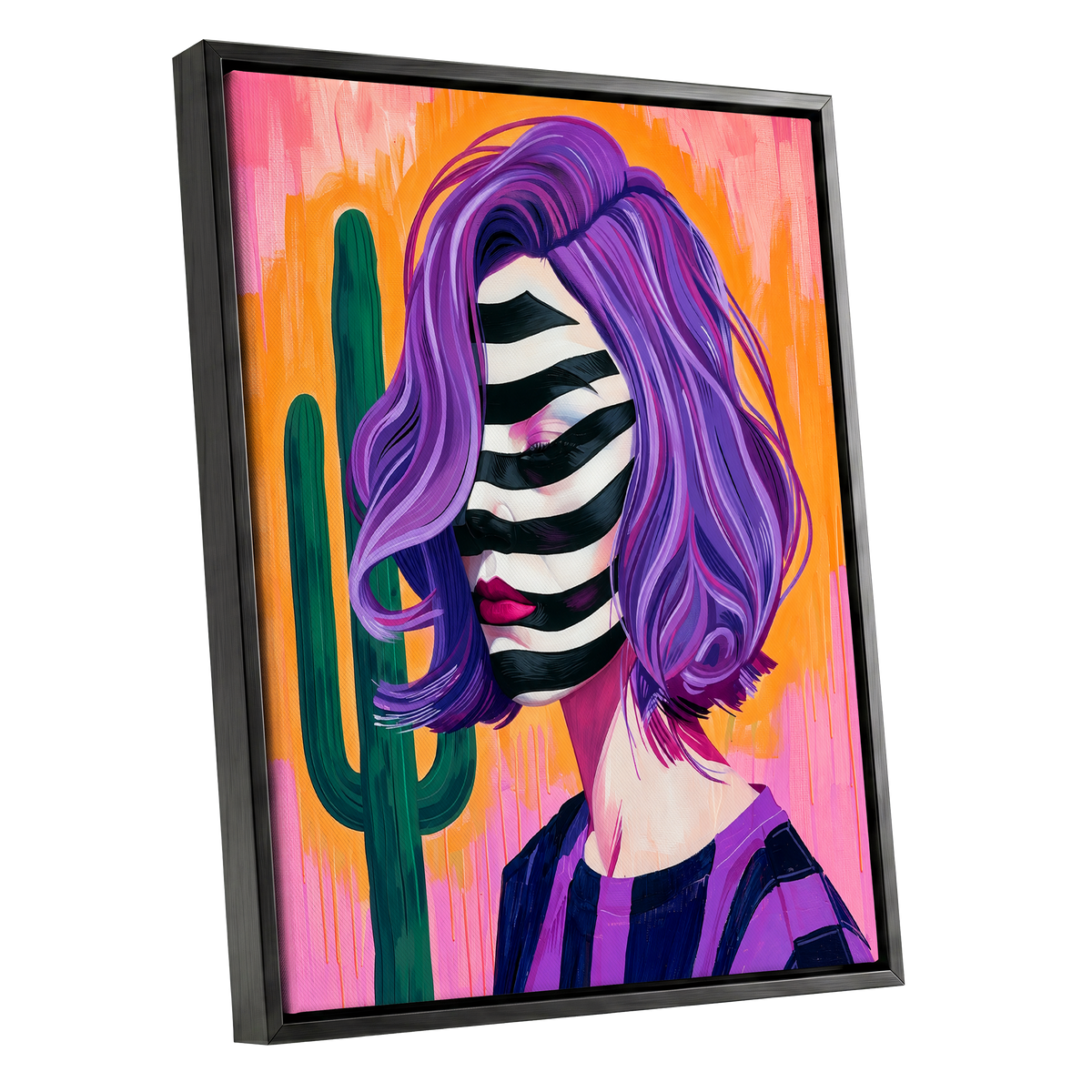 Cactus Masquerade, purple, orange, pink abstract wall art shown as a black framed canvas wall art