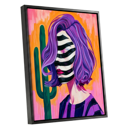 Cactus Masquerade, purple, orange, pink abstract wall art shown as a black framed canvas wall art