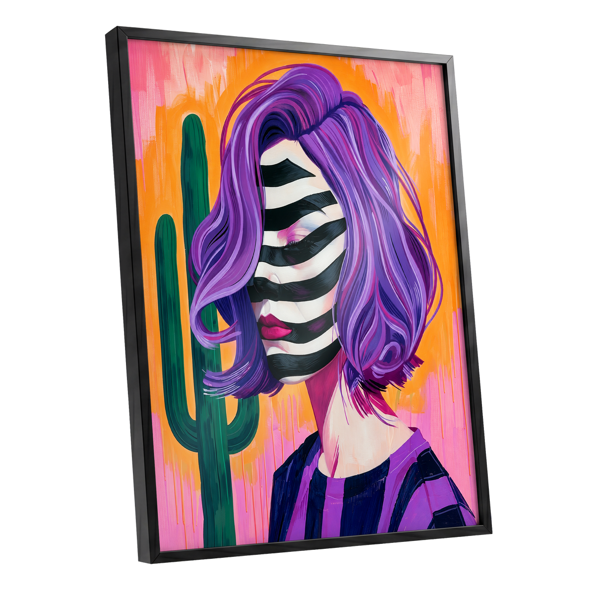 Cactus Masquerade, purple, orange, pink abstract wall art shown as a black framed poster wall art print