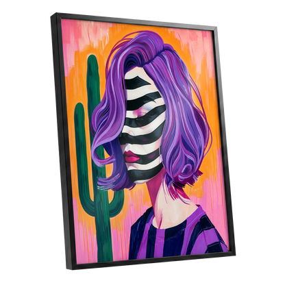 Cactus Masquerade, purple, orange, pink abstract wall art shown as a black framed poster wall art print