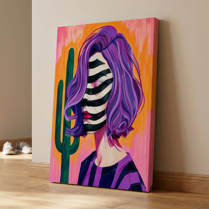 Cactus Masquerade, purple, orange, pink abstract wall art on canvas displayed in a styled interior, gallery view 1