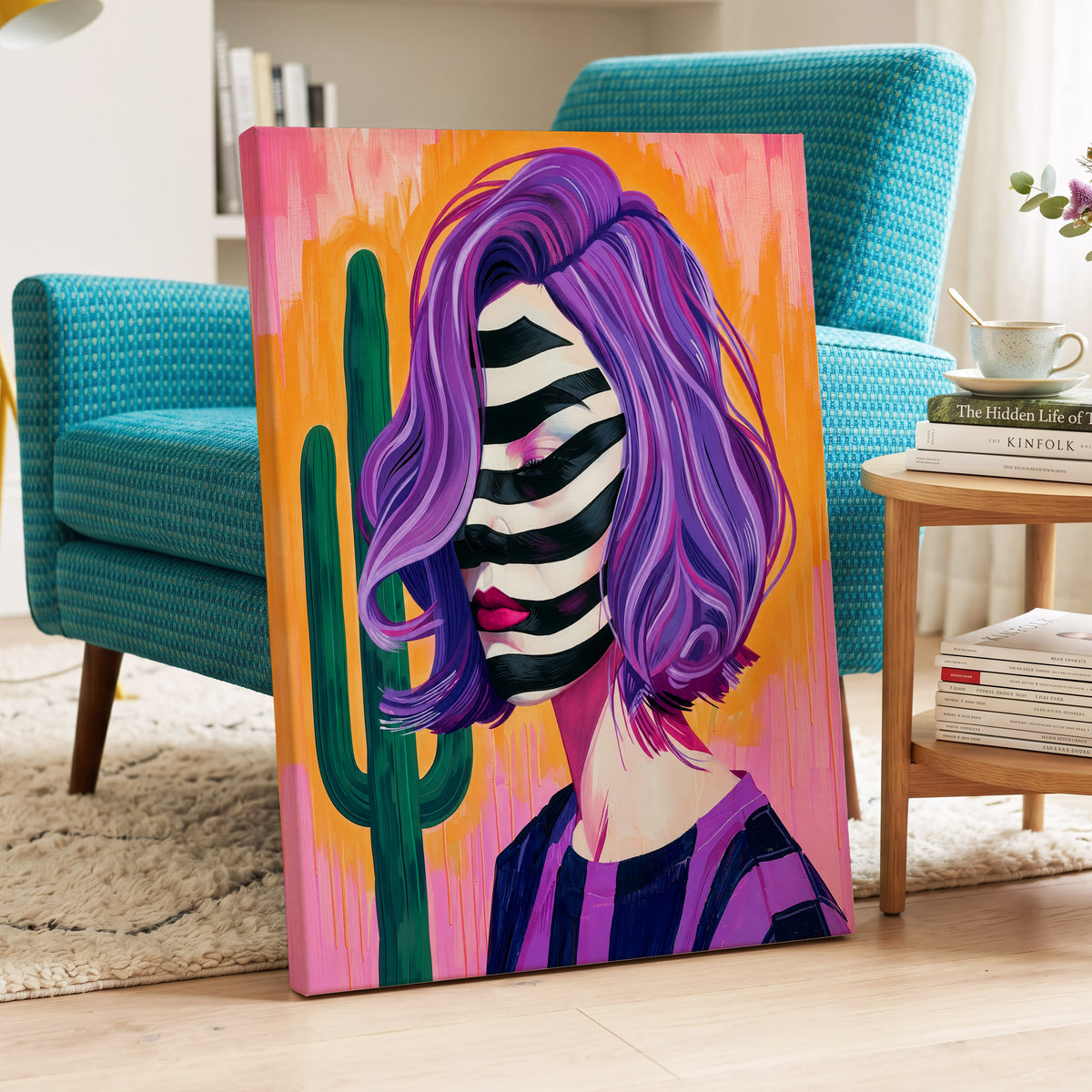 Cactus Masquerade, purple, orange, pink abstract wall art on canvas displayed in a styled interior, gallery view 2