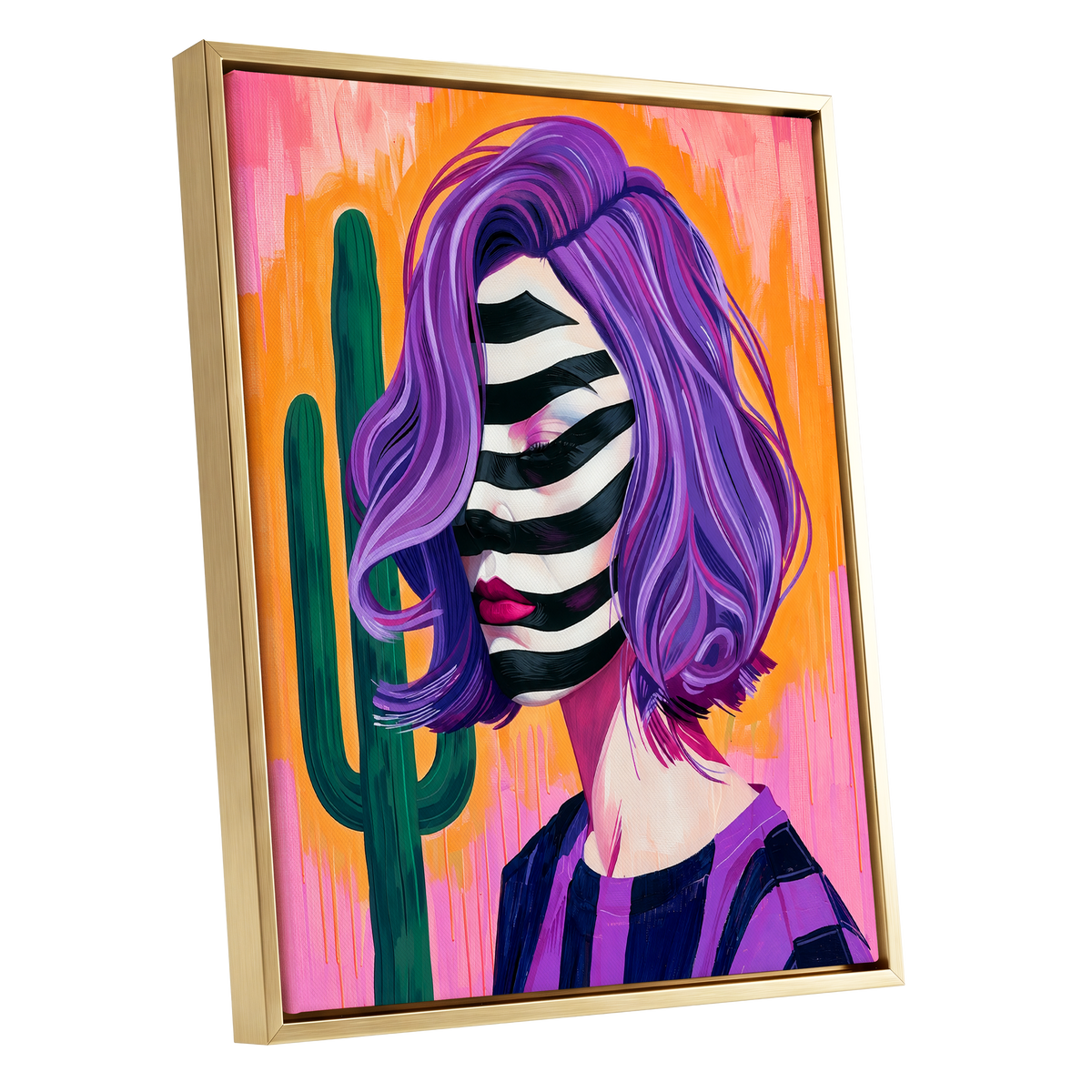 Cactus Masquerade, purple, orange, pink abstract wall art shown as a gold framed canvas wall art