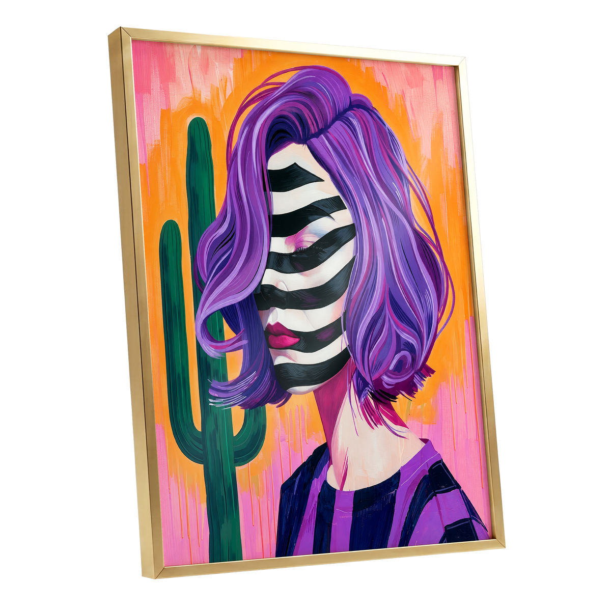Cactus Masquerade, purple, orange, pink abstract wall art shown as a gold framed poster wall art print