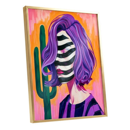 Cactus Masquerade, purple, orange, pink abstract wall art shown as a gold framed poster wall art print
