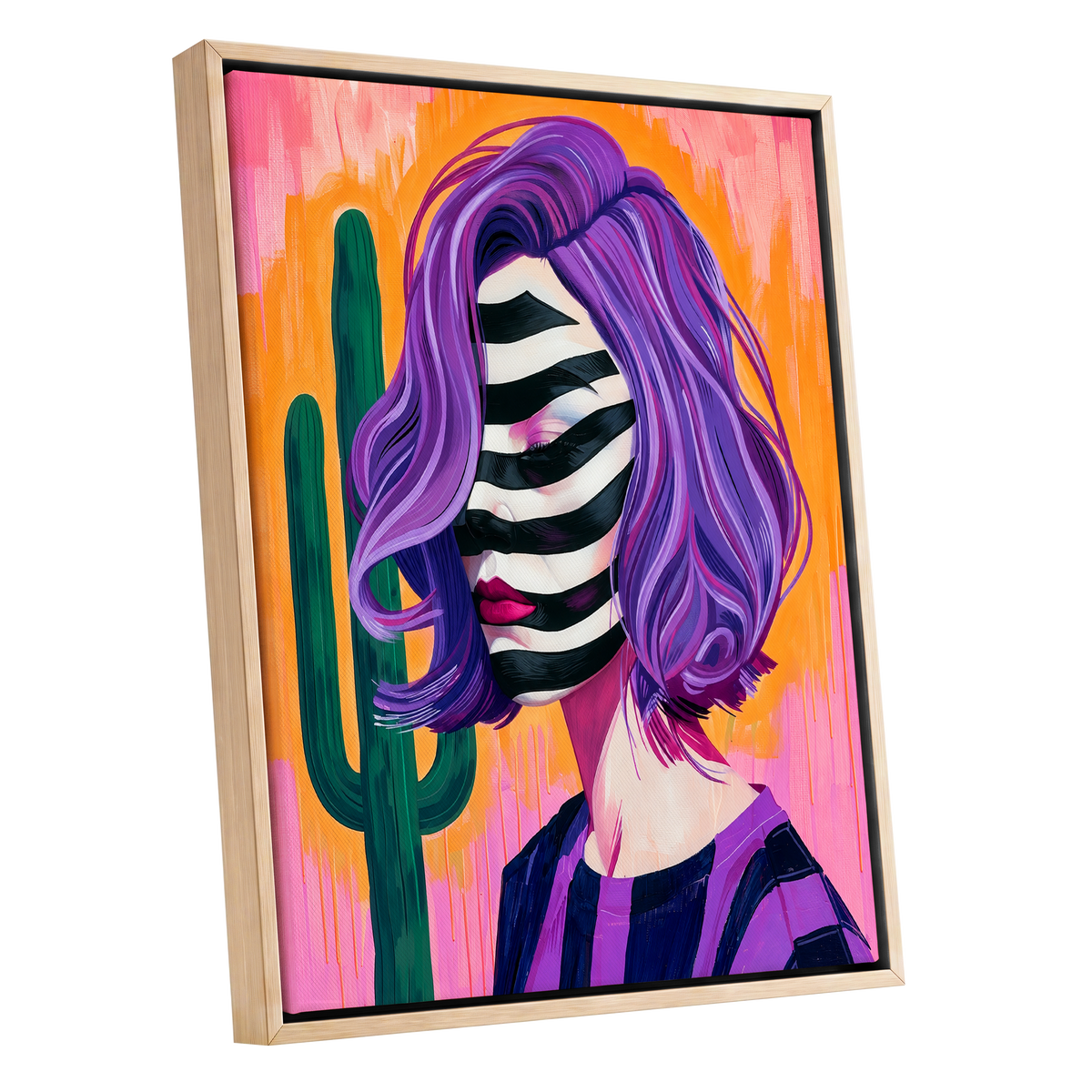 Cactus Masquerade, purple, orange, pink abstract wall art shown as a oak framed canvas wall art