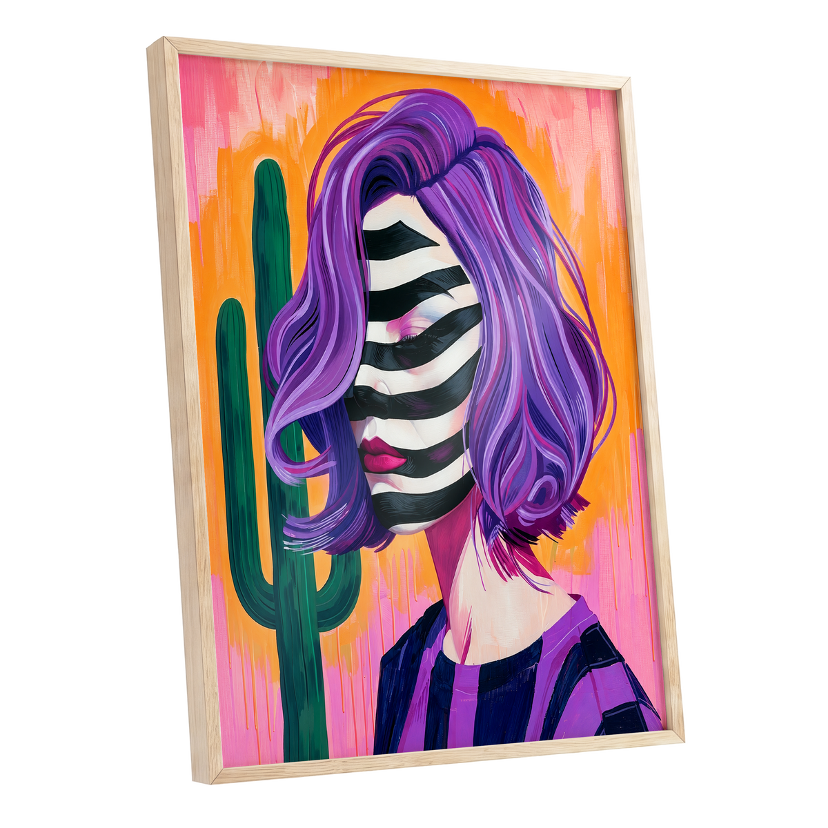 Cactus Masquerade, purple, orange, pink abstract wall art shown as a oak framed poster wall art print