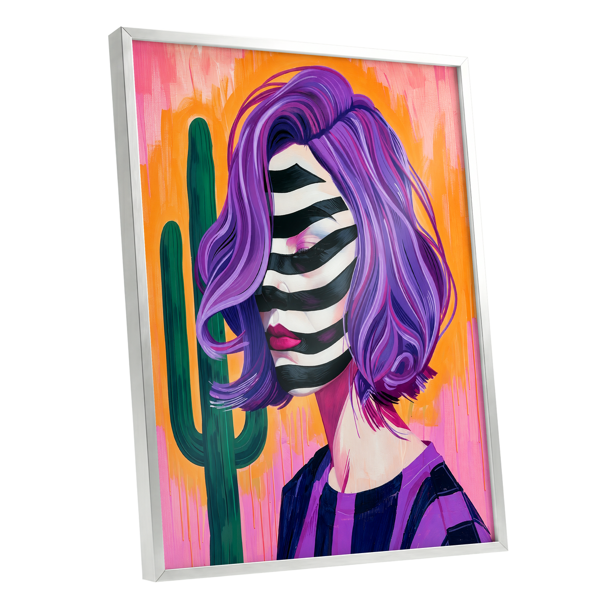 Cactus Masquerade, purple, orange, pink abstract wall art shown as a silver framed poster wall art print