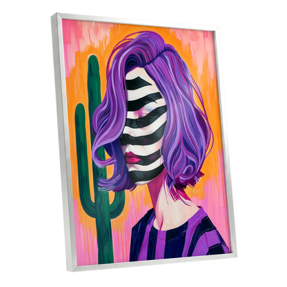 Cactus Masquerade, purple, orange, pink abstract wall art shown as a silver framed poster wall art print