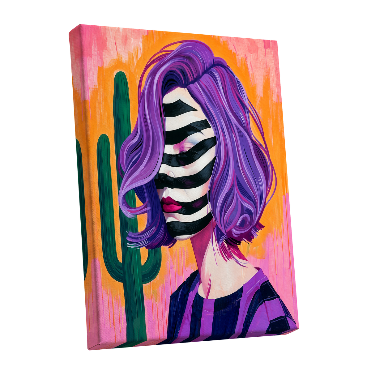 Cactus Masquerade, purple, orange, pink abstract wall art shown as a stretched canvas wall art